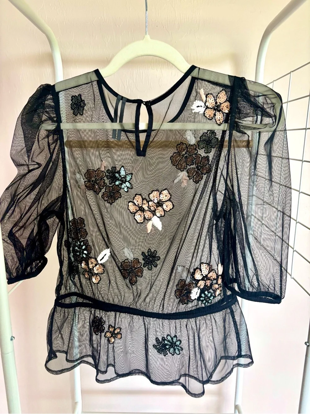 Anthropologie Black Sheer Floral Embroidered Peplum Blouse